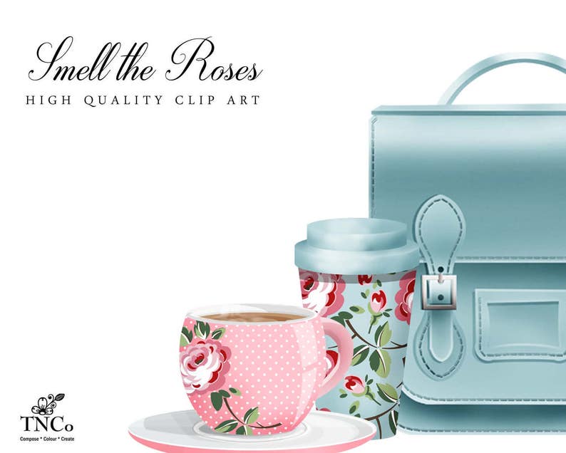May include: A blue satchel bag with a white and pink floral patterned mug and a matching tumbler. The text "Smell the Roses" and "High Quality Clip Art" is displayed above the items.