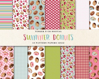 14 Donut Digital Papers - Doughnut Tartan Digital Scrapbook Papers - Pink Gingham  Digital Papers - Bonus Clipart set TNCo background paper