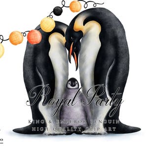 May include: A digital illustration of a king and emperor penguin couple with a baby penguin. The penguins are standing under a string of orange and yellow lights. The text "Royal Party" is written below the penguins, and the text "King & Emperor Penguin High Quality Clip Art" is written below that.