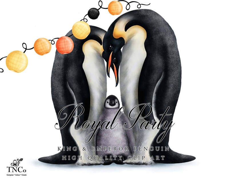 May include: A digital illustration of a king and emperor penguin couple with a baby penguin. The penguins are standing under a string of orange and yellow lights. The text "Royal Party" is written below the penguins, and the text "King & Emperor Penguin High Quality Clip Art" is written below that.