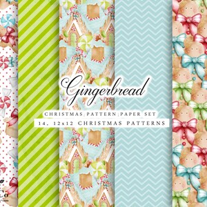 May include: A set of 14 digital Christmas patterns featuring gingerbread men, gingerbread houses, and striped and chevron patterns in shades of green, blue, red, and white. The text "Gingerbread Christmas Pattern Paper Set 14, 12x12 Christmas Patterns" is included in the image.