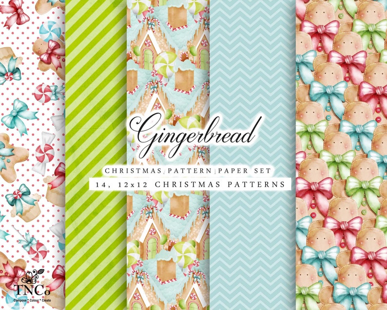 May include: A set of 14 digital Christmas patterns featuring gingerbread men, gingerbread houses, and striped and chevron patterns in shades of green, blue, red, and white. The text "Gingerbread Christmas Pattern Paper Set 14, 12x12 Christmas Patterns" is included in the image.