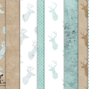 May include: A set of six digital paper patterns featuring a light blue deer silhouette on various backgrounds. The backgrounds include a brown burlap texture, a white background, a light blue polka dot pattern, a light blue woodgrain texture, a brown burlap texture with a light blue deer silhouette, and a light blue polka dot pattern.