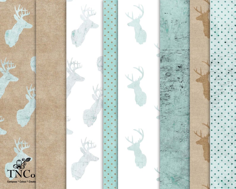 May include: A set of six digital paper patterns featuring a light blue deer silhouette on various backgrounds. The backgrounds include a brown burlap texture, a white background, a light blue polka dot pattern, a light blue woodgrain texture, a brown burlap texture with a light blue deer silhouette, and a light blue polka dot pattern.