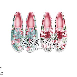 May include: A pair of blue canvas shoes with a floral pattern featuring pink and red roses. The shoes have white laces and the text "Smell the Roses" is printed on the bottom.