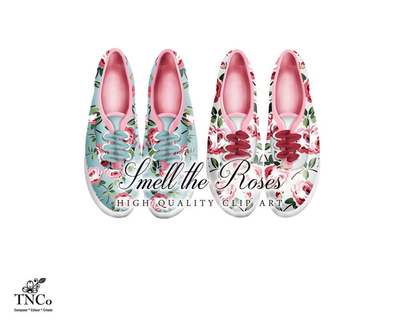 May include: A pair of blue canvas shoes with a floral pattern featuring pink and red roses. The shoes have white laces and the text "Smell the Roses" is printed on the bottom.