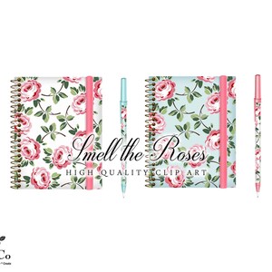 May include: Two spiral bound notebooks with pink and blue floral designs and pink and blue pens. The notebooks have the text "Smell the Roses High Quality Clip Art" on the front.