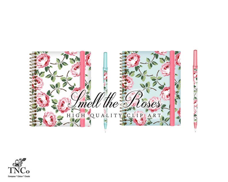 May include: Two spiral bound notebooks with pink and blue floral designs and pink and blue pens. The notebooks have the text "Smell the Roses High Quality Clip Art" on the front.