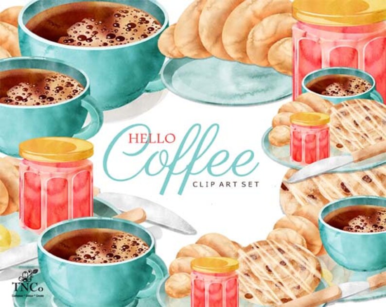 May include: Watercolor illustration of a coffee and pastry breakfast scene. The illustration features a turquoise coffee mug with steam rising from the coffee, a jar of red jam, and a plate of pastries with white icing. The text "HELLO COFFEE CLIP ART SET" is written in the center of the image.