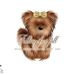 May include: A brown and white dog with a gold bow on its head. The dog is looking at the camera. The text "Falling for fall" is written below the dog. The text "Miss Modern Kate Clip Art" is written below the text "Falling for fall".
