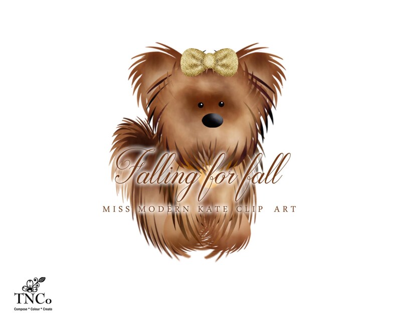 May include: A brown and white dog with a gold bow on its head. The dog is looking at the camera. The text "Falling for fall" is written below the dog. The text "Miss Modern Kate Clip Art" is written below the text "Falling for fall".