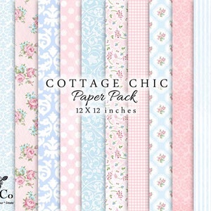 Paquete de papel digital - Papeles rosas - Papeles digitales rosas - Papel con fondo azul - Papeles decorativos Cottage Chic - Uso comercial - TNCo