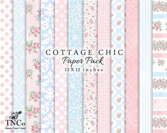 digital paper pack - Rose papers - Digital pink papers - blue background paper - Cottage Chic decorative papers - Commercial use - TNCo