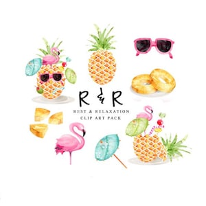 Pineapple clip art - flamingo digital download - Tropical watercolour illustrations - Printable florida graphics - Beach party invite art