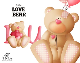 Valentine clipart, girl bear graphics, pink plaid bear download, newborn bear, hearts and valentine bear supplies or patterns