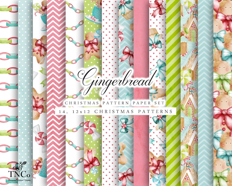 May include: A set of 14 digital paper patterns featuring gingerbread men, candy canes, and other Christmas-themed designs. The patterns are in a variety of colors, including red, green, blue, and white.