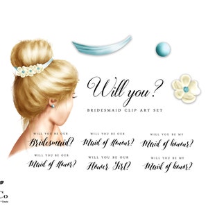 Clipart de demoiselle d'honneur pour propositions - Serez-vous ma demoiselle d'honneur - Illustrations aquarelles pour la fête de la mariée - Graphiques à usage commercial pour les mariages