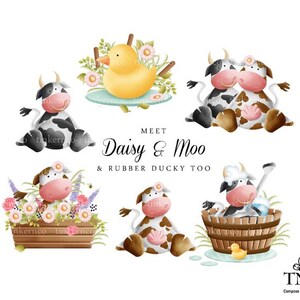 May include: A digital illustration featuring a set of cartoon characters. The set includes two cows, one with black and white spots and the other with brown and white spots, and a yellow rubber ducky. The cows are wearing flowers and the ducky is floating on a blue surfboard. The text "MEET Daisy & Moo & RUBBER DUCKY TOO" is written in black cursive font. The illustration is on a white background.
