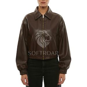 Braune Bomber Lederjacke für Damen - Kurze Lederjacke mit Reißverschluss