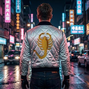 May include: A silver quilted jacket with a black collar and cuffs, featuring a large gold scorpion emblem on the back. The jacket is worn by a person standing in a neon-lit city street at night.