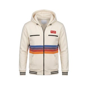 Puede incluir: Sudadera con capucha con cremallera de color crema con un diseño de rayas de colores en el pecho. Las rayas incluyen tonos azules, naranjas y rojos. Cuenta con un pequeño parche rojo con las letras "PHM" en el pecho.