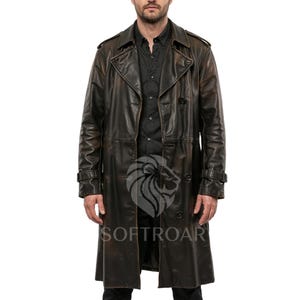 Men’s Leather Trench Coat – Vintage Style Overcoat – Long Black Double-Breasted Winter Coat