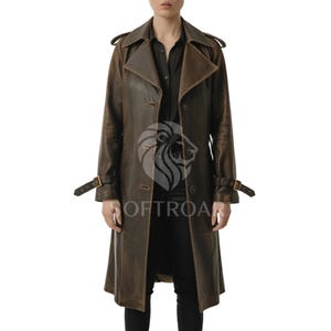 Women’s Real Leather Trench Coat – Vintage Brown Long Double Breasted Overcoat