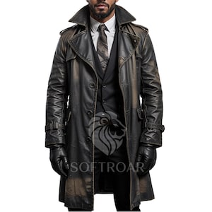 Men’s Long Black Leather Trench Coat | Vintage Style Real Leather Overcoat