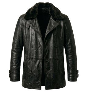 May include: A black leather coat with a faux fur collar. The double-breasted coat has multiple buttons and two side pockets. The sleeves have adjustable straps at the cuffs. The coat is a classic style.