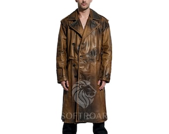 Men‘s Vintage Brown Leather Trench Coat– Long Classic Overcoat