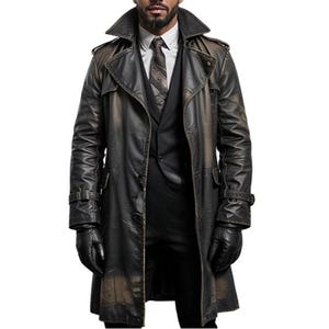 Puede incluir: Un abrigo largo de cuero negro con un acabado envejecido. El abrigo tiene un cuello ancho, cierres de botones y un cinturón en la cintura. El modelo lleva una camisa blanca, una corbata y guantes negros.