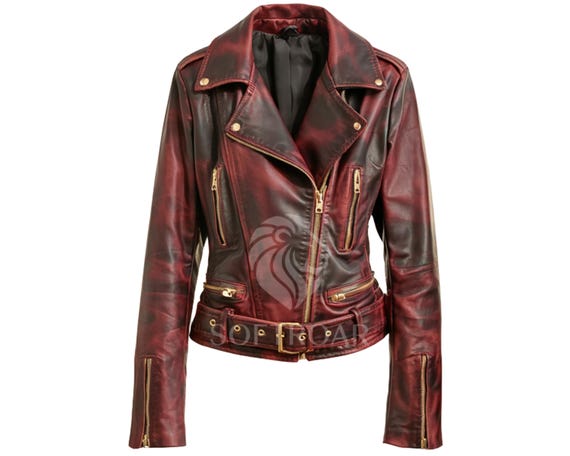 Kastanienbraune Distressed Echtleder Bikerjacke für Damen Moto