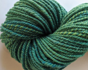 Handspun Hand Dyed Yarn Babydoll Southdown Wool 140 Yards Green Two Ply  " Blue Spruce  "  Knitting  Doll Hair