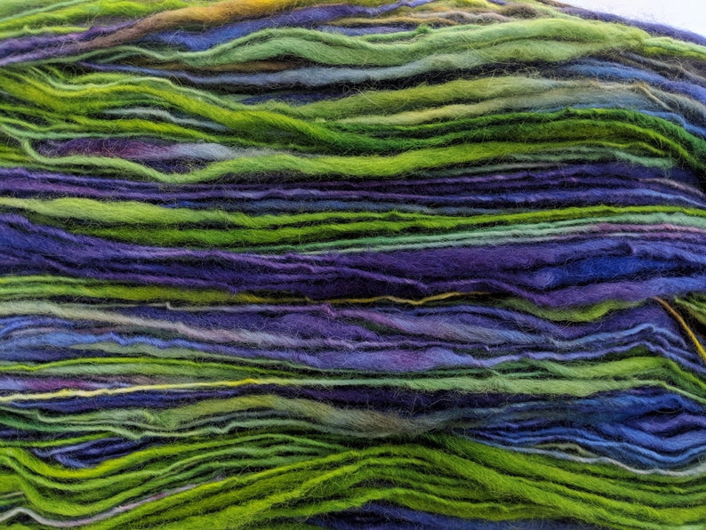 Yarn Handspun Alpaca and Wool Thick and Thin Bulky 192 Yards Purple Green Hand Dyed Clematis Doll Hair Knitting Supply
