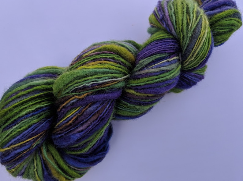 Yarn Handspun Alpaca and Wool Thick and Thin Bulky 192 Yards Purple Green Hand Dyed Clematis Doll Hair Knitting Supply