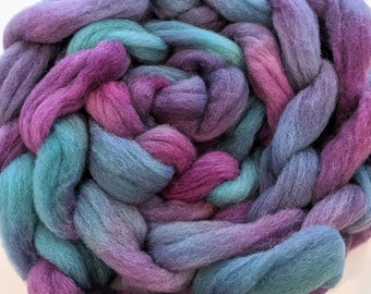 Wool Roving Babydoll Southdown / Alpaca for Spinning 4 Oz Combed Top Fiber Teal and Purple Roving " Fanciful  "