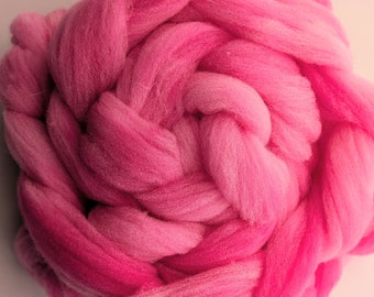 Spinning Fiber Roving 100% Babydoll Southdown Wool 2 Ounce Braid Combed Top Bright Medium Pink Fiber  " Bubble Gum Pink " (2 available)