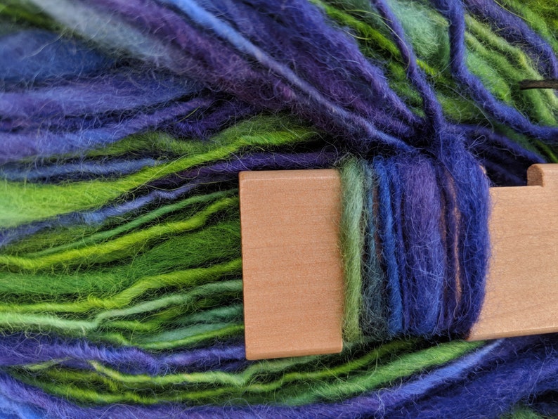 Yarn Handspun Alpaca and Wool Thick and Thin Bulky 192 Yards Purple Green Hand Dyed Clematis Doll Hair Knitting Supply