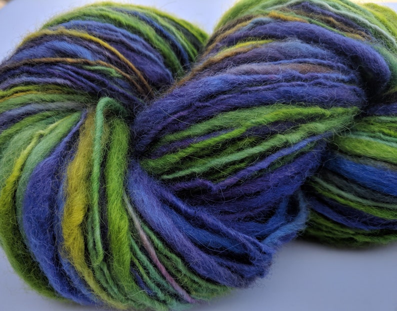 Yarn Handspun Alpaca and Wool Thick and Thin Bulky 192 Yards Purple Green Hand Dyed Clematis Doll Hair Knitting Supply
