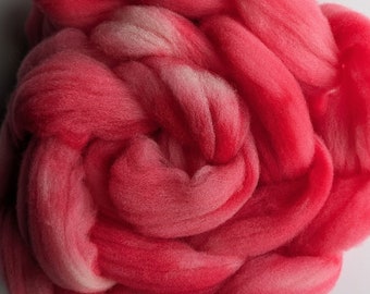 Spinning Fiber Roving 100% Babydoll Southdown Wool 2 Ounce Braid Combed Top Orangey Pink Fiber  " Cotton Candy "(2 available)