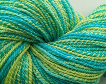 Yarn Handspun Alpaca & Babydoll Southdown Wool  2 Ply 296 Yds Hand Dyed Yellow and Aqua " Spring Forward " Knit Weave Doll Hair