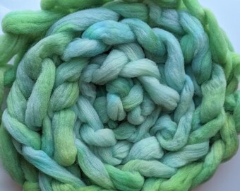 Wool Roving Babydoll Southdown / Alpaca for Spinning 4 Oz Combed Top  Pastel green and blue Fiber " Babbling Brook "