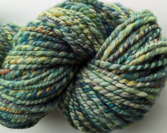 Handspun Yarn Superwash Merino Wool 94 Yards Teal Green Two Ply  " Green Agate  "  Knitting  Doll Hair