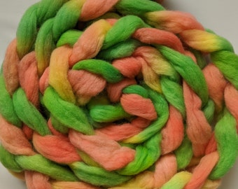 Wool Roving Babydoll Southdown / Alpaca for Spinning 4 Oz Combed Top Green Peach Yellow Fiber " Tutti-Frutti " (2 Available)