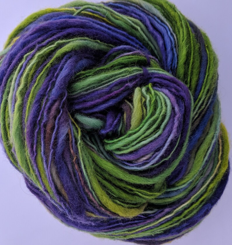 Yarn Handspun Alpaca and Wool Thick and Thin Bulky 192 Yards Purple Green Hand Dyed Clematis Doll Hair Knitting Supply