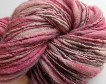 Yarn Handspun Babydoll Southdown Wool & Alpaca 1 Ply 128 Yds Thick and Thin Hand Dyed Pink and Gray " Petal Pink " Doll Hair Knit Weave
