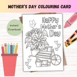 Carte à colorier pour la fête des mères, coloriage bricolage dans le cadre d'une activité pour la fête des mères pour un enfant plus âgé, carte pliable, impression à la maison