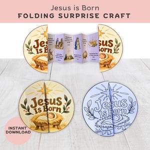 Può includere: Un kit di bricolage a sorpresa pieghevole Jesus is Born con carte circolari che presentano illustrazioni di un bambino in una mangiatoia, una stella e scene religiose. Il set include una versione a colori e una versione in bianco e nero.