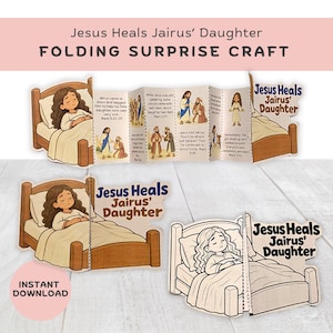 May include: A folding paper craft titled Jesus Heals Jairus' Daughter, featuring a bed with a girl lying down. The accordion-style panels display colourful illustrations and text narrating the biblical story, alongside a black and white version.