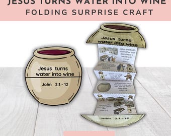 Manualidad sorpresa plegable de Jesús convierte el agua en vino, actividad imprimible de la historia bíblica, página para colorear de la escuela dominical, manualidad infantil sobre los milagros de Juan